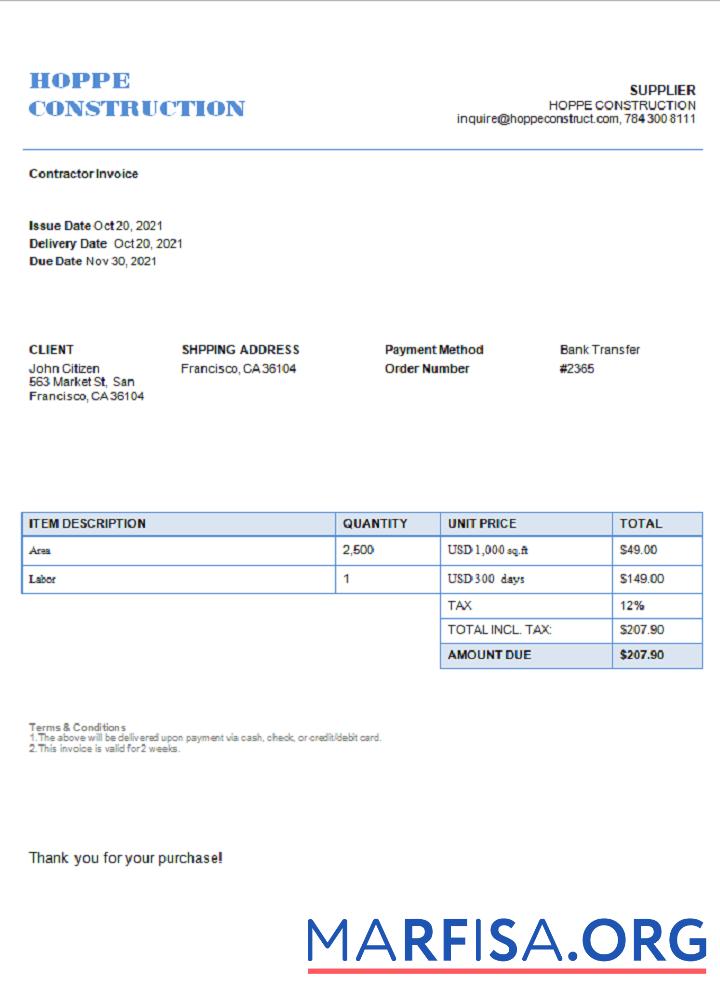 USA Hope Construction Rechnung Vorlage