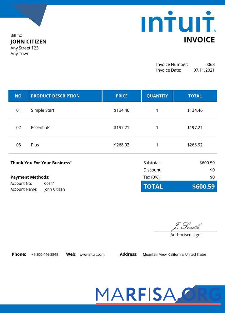 Hohe Qualität USA Intuit Rechnung Vorlage
