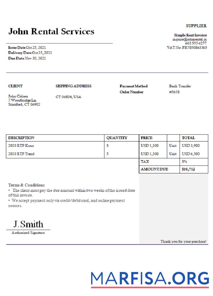 USA John Rental Services Rechnung Probe