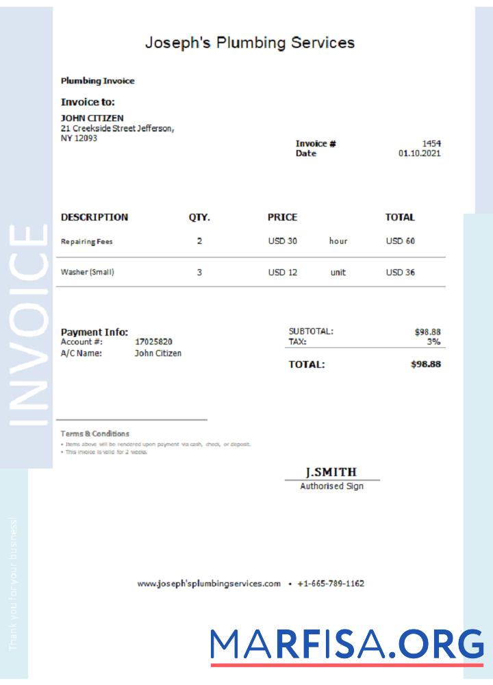 USA JosephΓÇÖs Plumbing Services Rechnung Vorschau