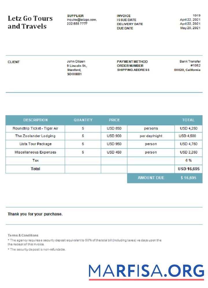USA Letz Go Tours and Travels Rechnung Vorschau