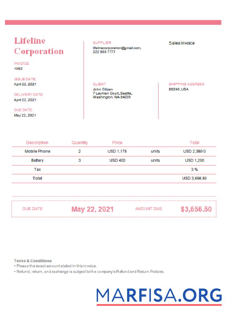 Hohe Qualität USA Lifeline Corporation Rechnung Vorlage in Word and PDF Format, fully Bearbeitbar, Version 2