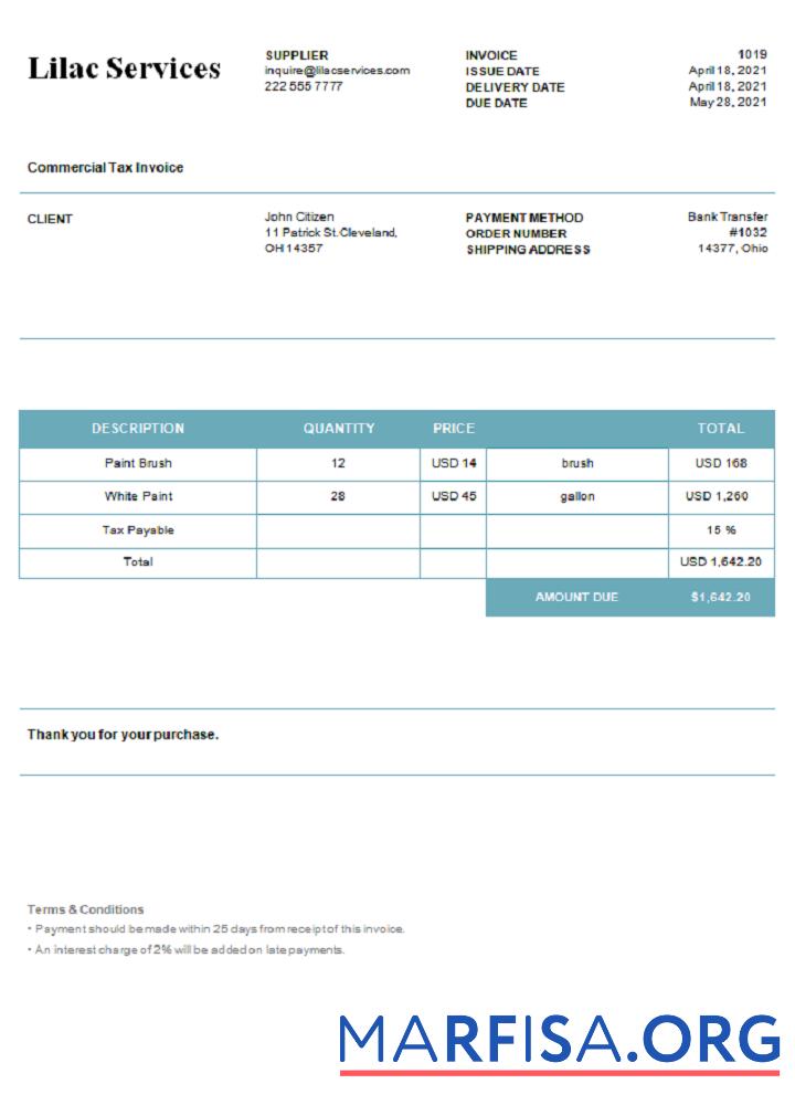 USA Lilac Services Rechnung Probe