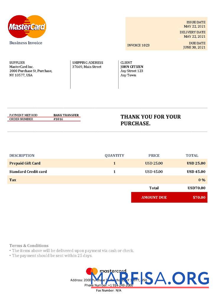 Hohe Qualität USA MasterCard Rechnung Vorlage