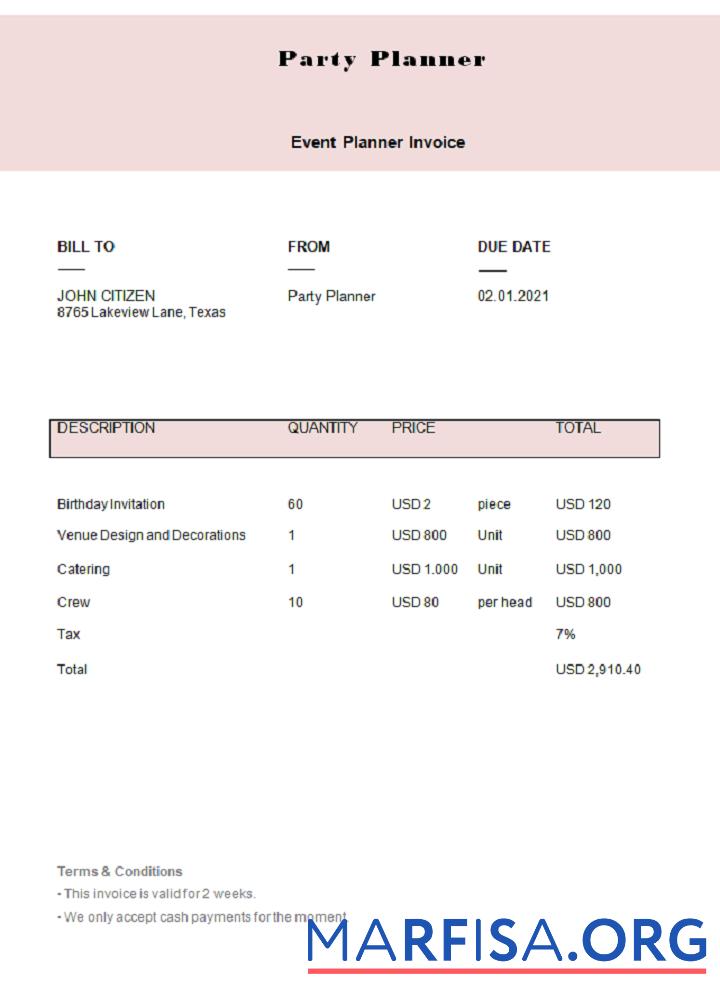 USA Party Planner Rechnung Probe