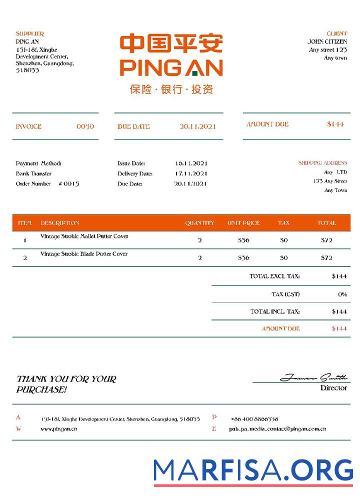 USA Ping An Rechnung Probe