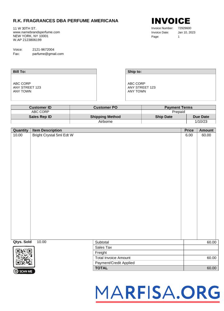 Hohe Qualität USA R.K. Fragrances DBA Perfume Americana Rechnung Word and PDF Vorlage