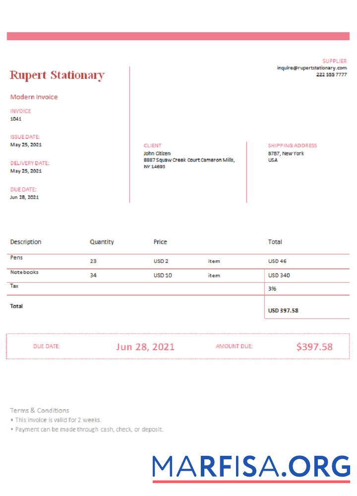 USA Rupert Stationary Rechnung Vorlage