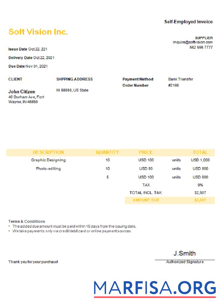 USA Soft Vision Inc. Rechnung Vorlage