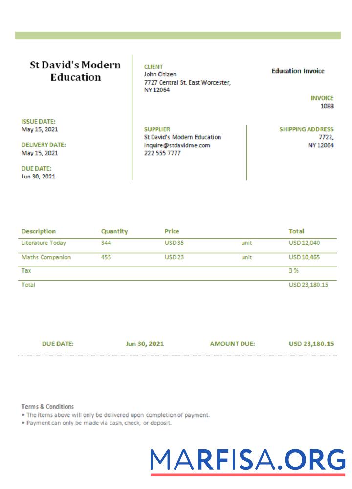 USA St DavidΓÇÖs Modern Education Rechnung Probe