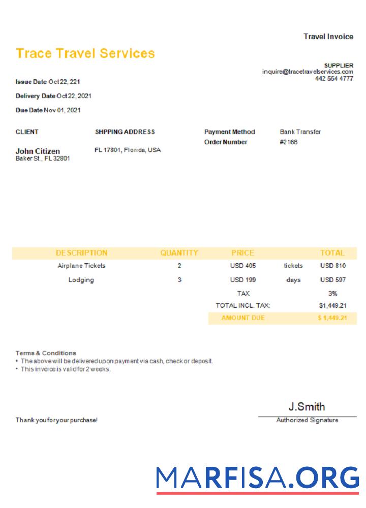 USA Trace Reise Services Rechnung Design