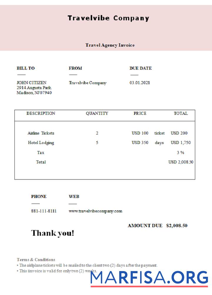 USA Travelvibe Unternehmen Rechnung Probe