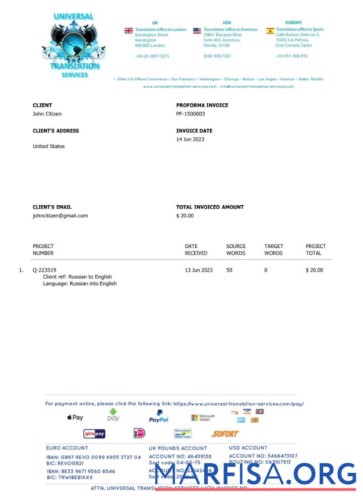 Bearbeitbar USA Universal Translation Services Rechnung Word and PDF Vorlage