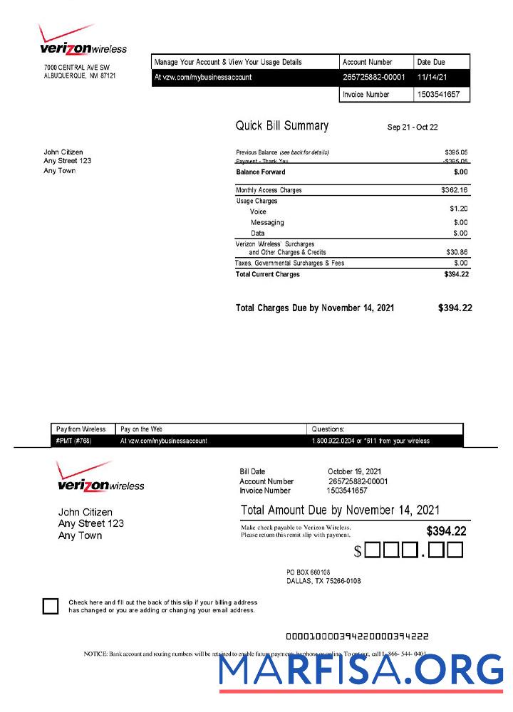 Premium USA Verizon Rechnung Vorlage