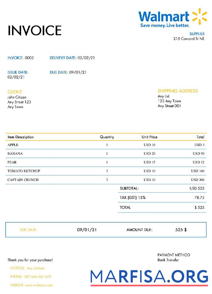 Professionell USA Walmart Rechnung Vorlage