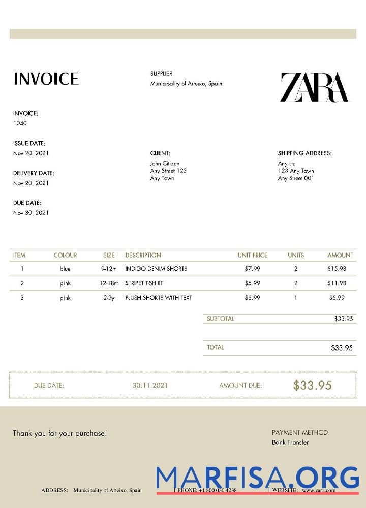 Premium USA ZARA Rechnung Vorlage
