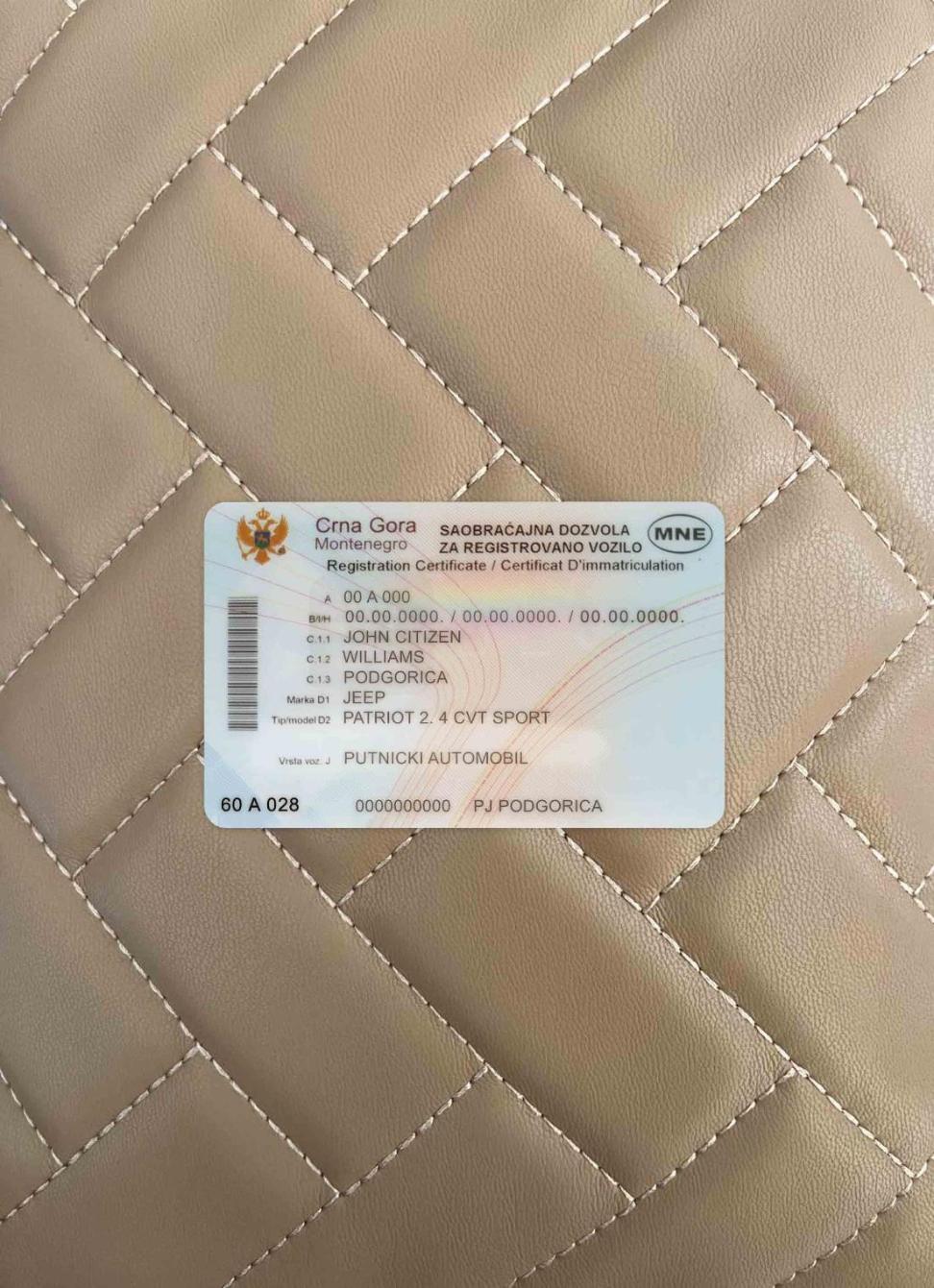Montenegro vehicle Registrierung Zertifikat Foto-Look Vorderseite Vorschau