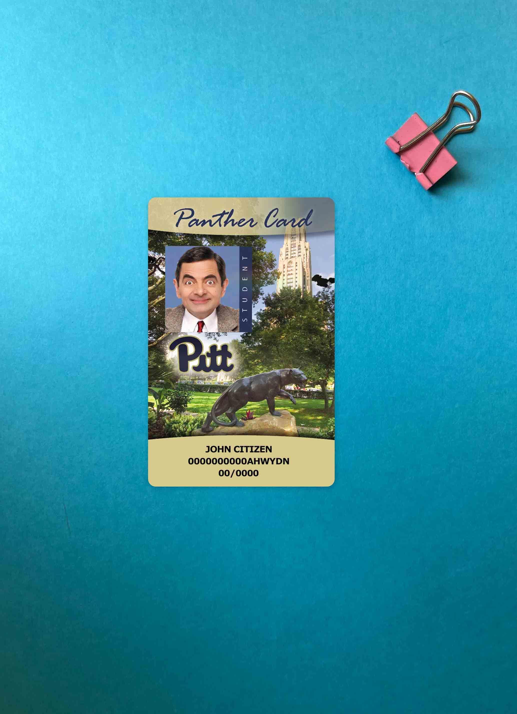 USA The Universität of Pittsburgh Student Personalausweis, Panther Karte Foto-Look Vorderseite Vorschau