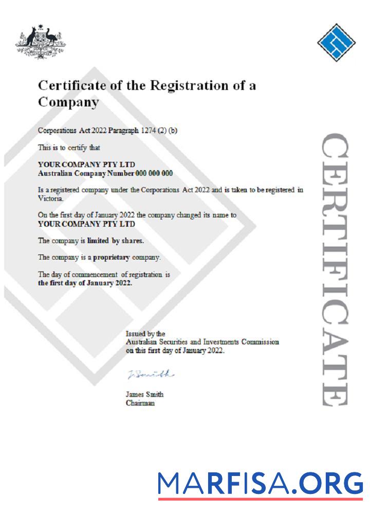 Aust (ASIC) Сертификат of Компания Регистрация 1 предпросмотр