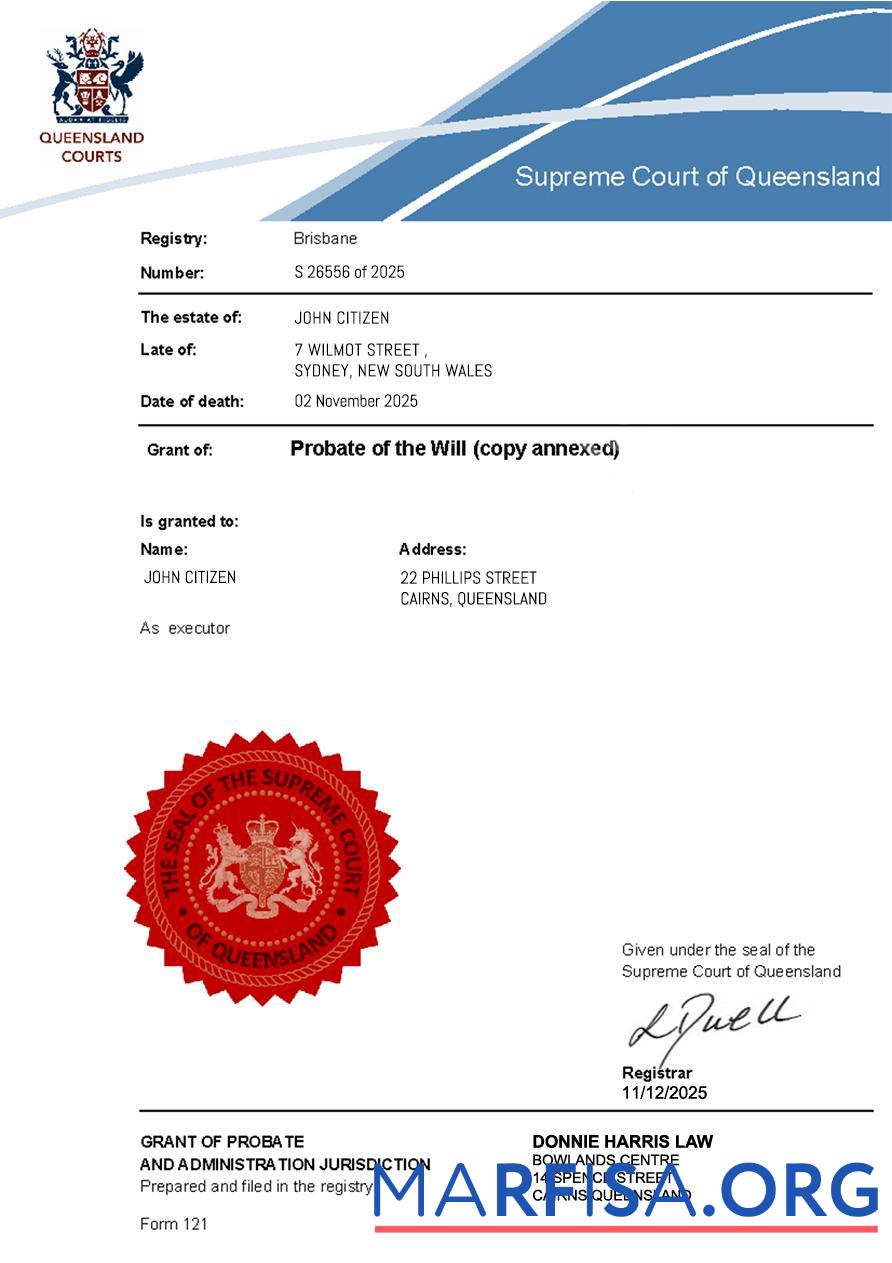 Австралия Probate of the Will (Supreme Court of Queensland) дизайн