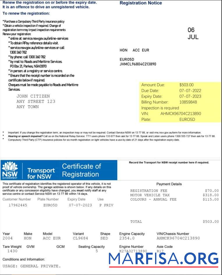 Австралия Transport for NSW Регистрация Сертификат предпросмотр