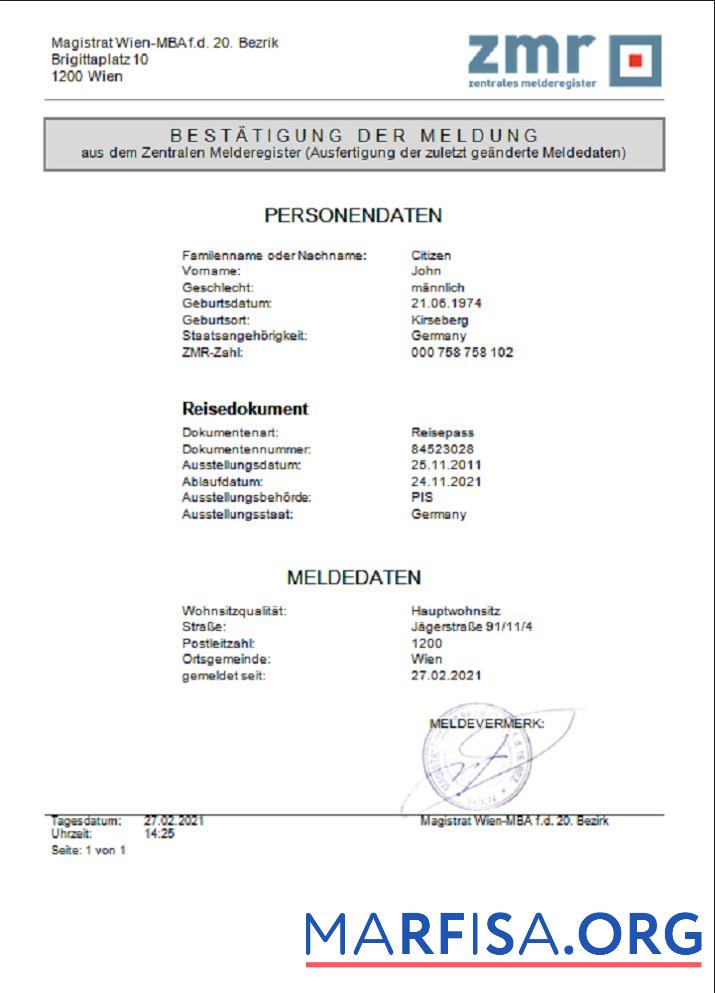 Премиум Австрия ZMR Zentrales Melderegister Central register of residents Документ Шаблон in Word Формат