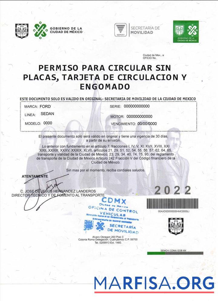 Мексика Permiso Para Circular Sin Placas шаблон