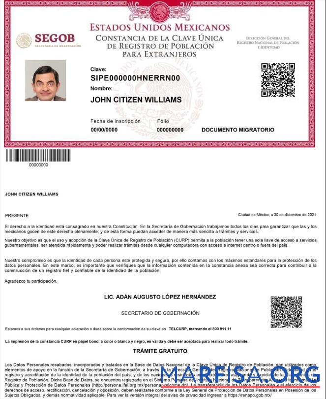 Мексика Registro de Poblacion de Мексика (CURP number) шаблон