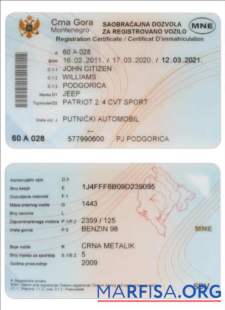 Черногория vehicle Регистрация Сертификат предпросмотр