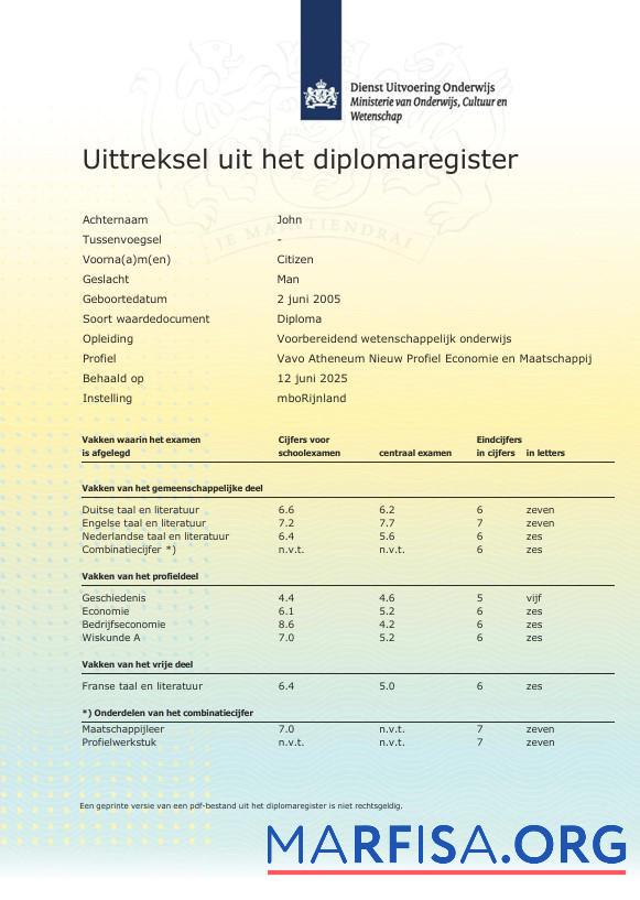 Высокое Качество Нидерланды MboRijnland Диплом Register Extract Шаблон in Word and PDF Формат