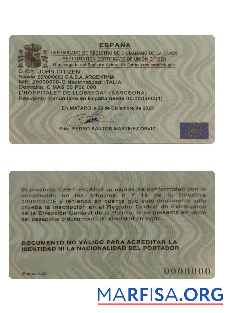Испания Регистрация Сертификат of союз citizen дизайн
