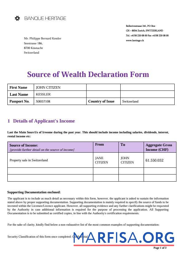Швейцария Source of Wealth Declaration Heritage Банковский шаблон