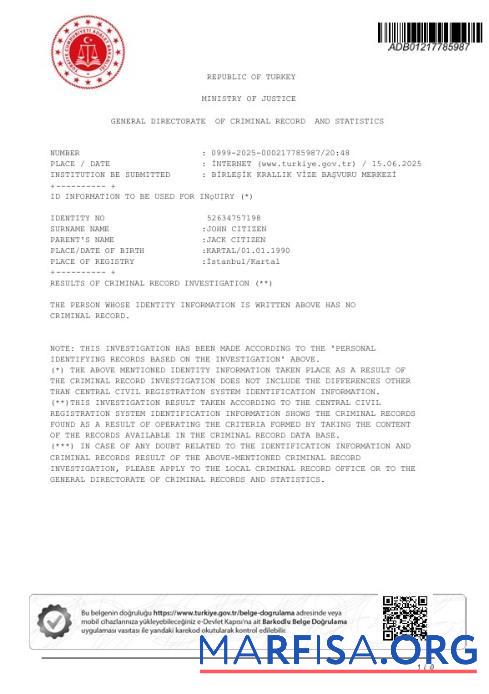 Турция Ministry of Justice Criminal Record Сертификат образец