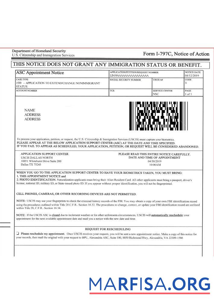 U.S. Citizenship and Immigration services Форма I 797C, Notice of action макет