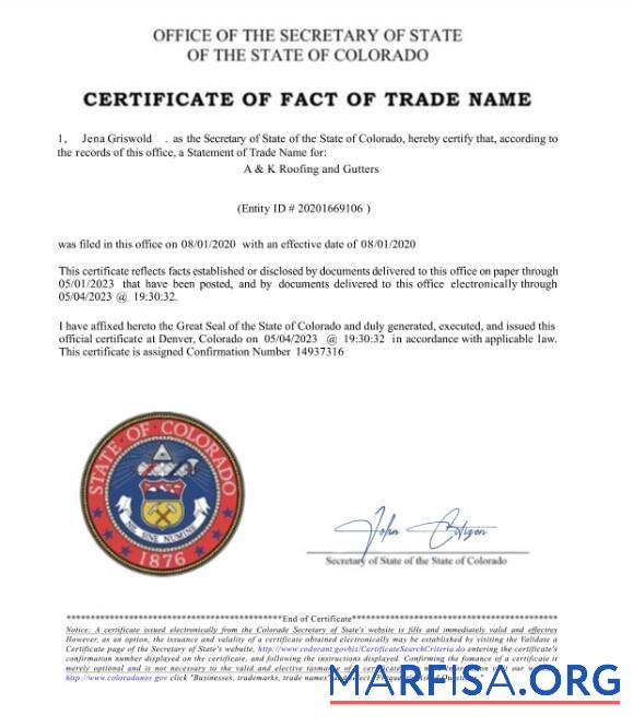 США Colorado Сертификат of fact of trade name шаблон