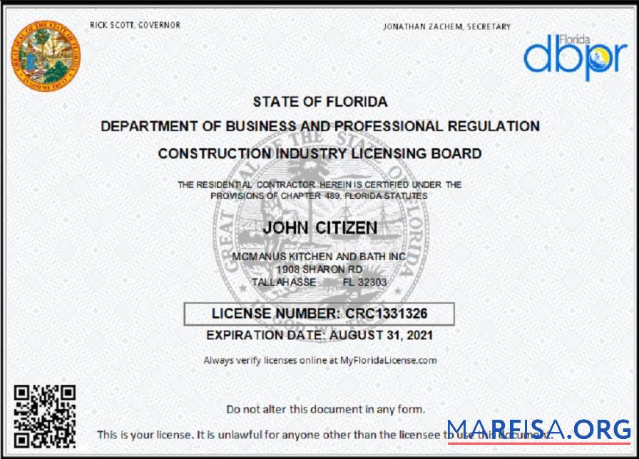 США Florida подрядчик Бизнес Лицензия образец