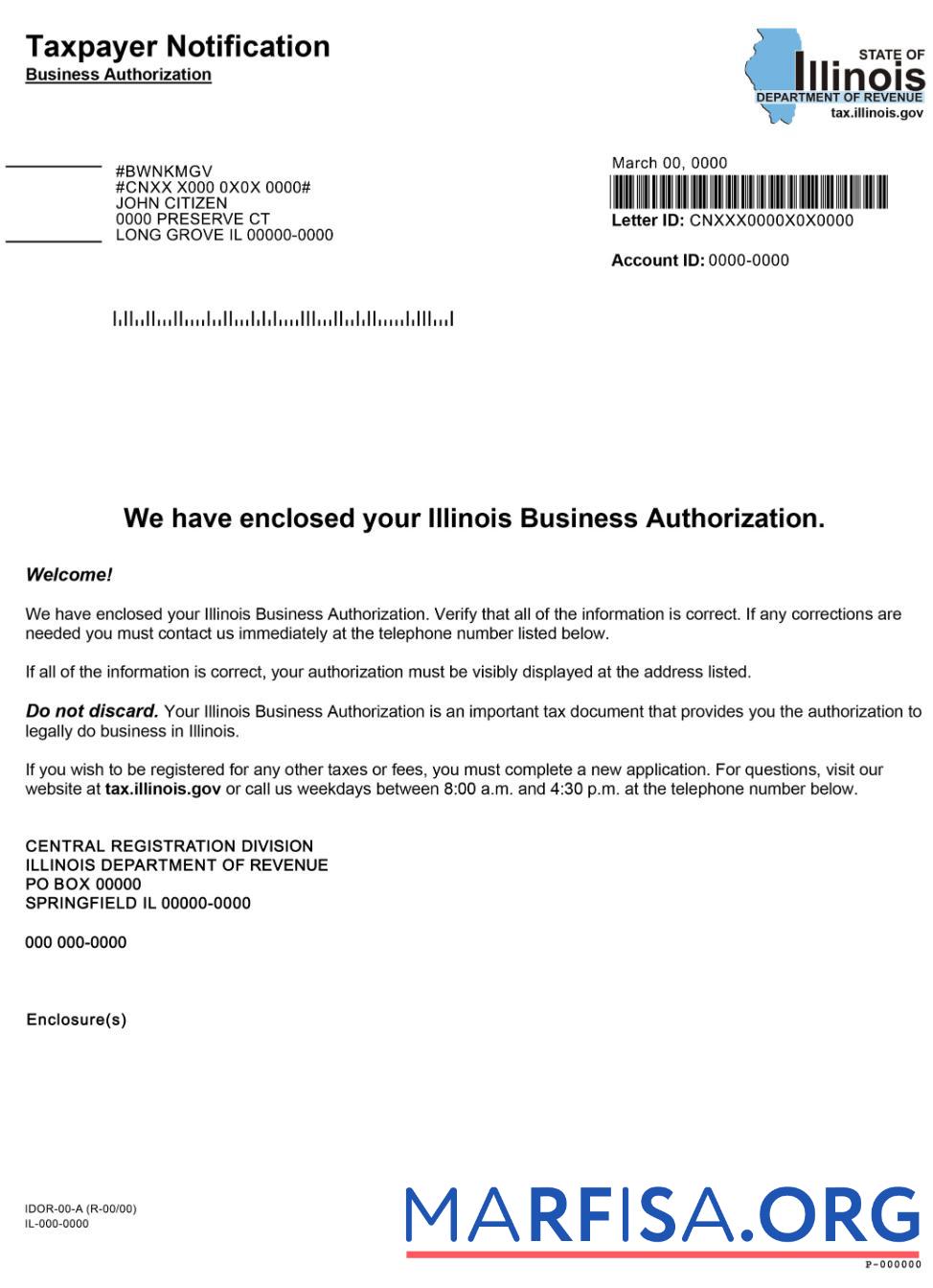 США Illinois Бизнес Авторизация,Сертификат of Регистрация 1 шаблон