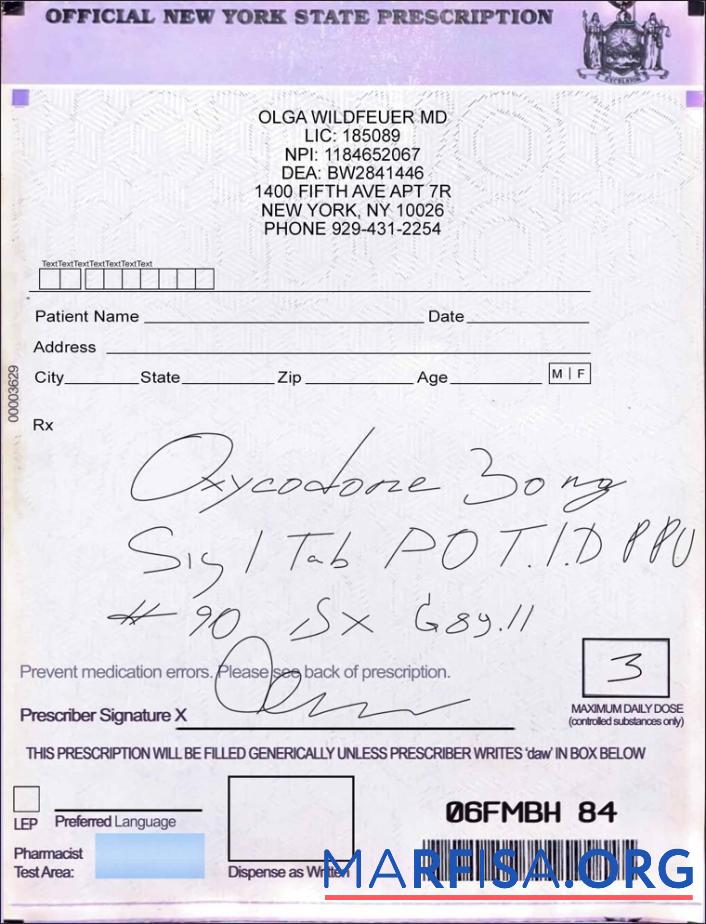 США Новый York prescription cert образец