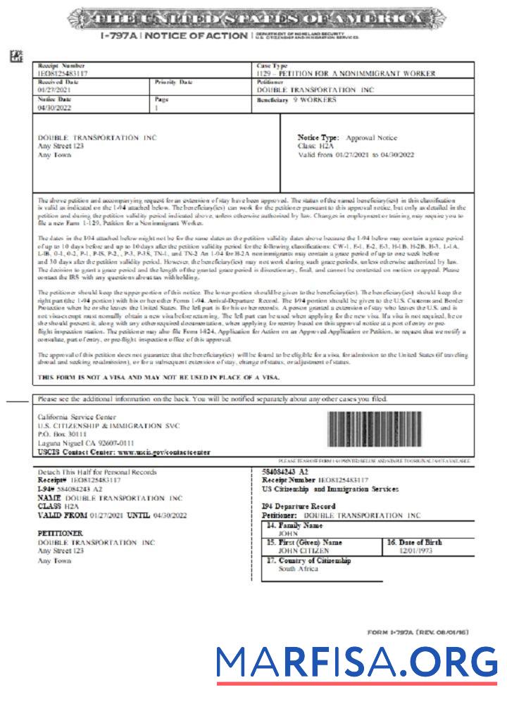 США Notice of Action Форма I 797A дизайн