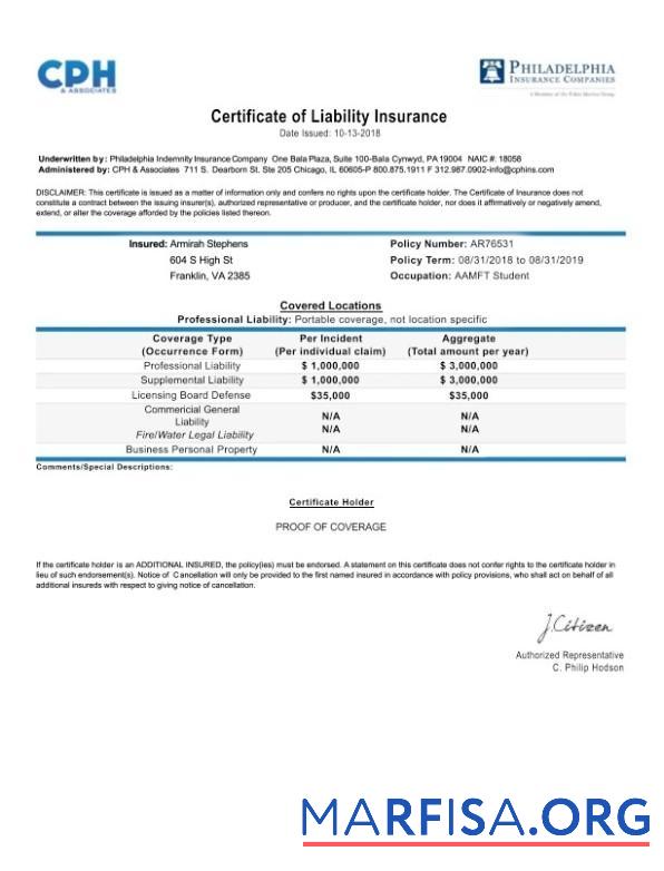 США Pennsylvania Сертификат of Liability Страхование дизайн