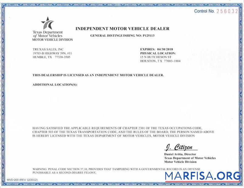 США Texas Independent Motor Vehicle Dealer предпросмотр