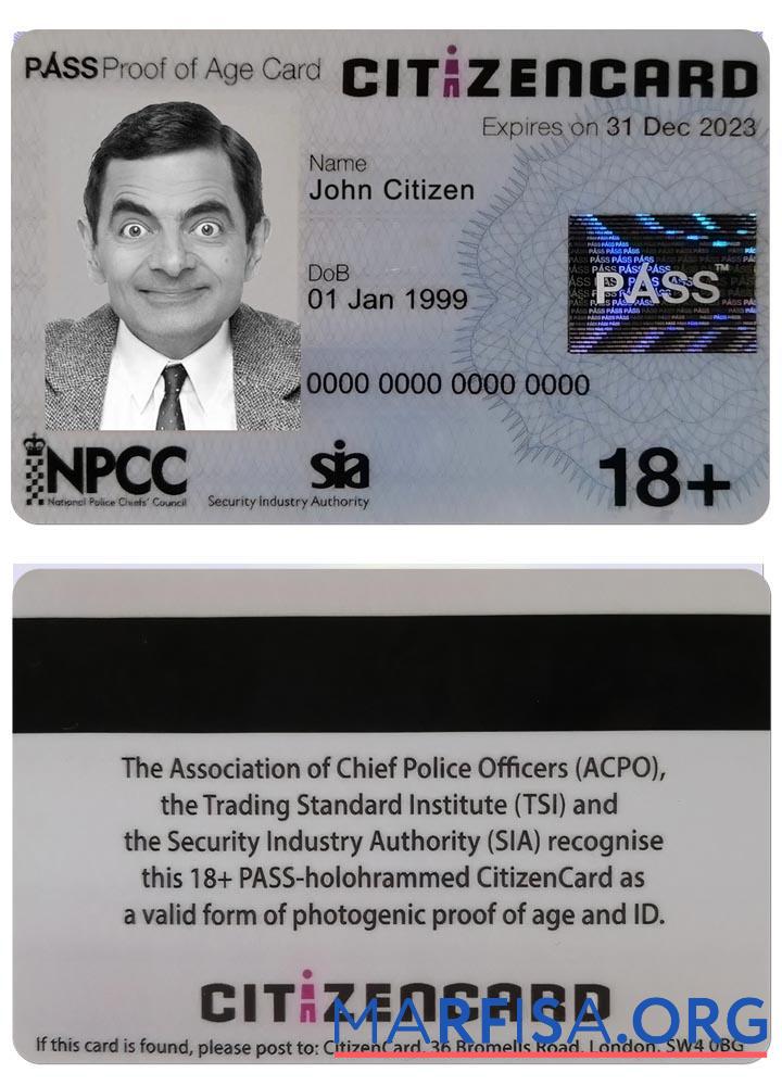 Великобритания Pass CitizenCard (proof of age Карта) шаблон