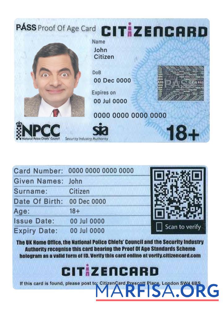 Великобритания pass proof of age citizencard образец