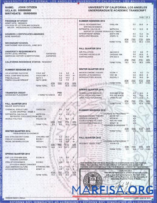 official undergraduate academic Транскрипт from the университет of California, Los Angeles, 2 pages дизайн