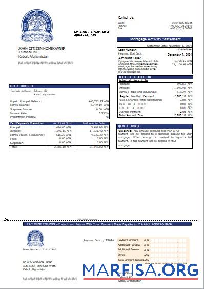 Afghanistan Da Afghanistan Bank Hypothek Kontoauszug scr Vorlage