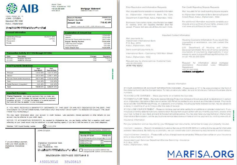 Afghanistan International Bank (AIB) Hypothek Kontoauszug, 3 pages 1 2 scr Vorschau