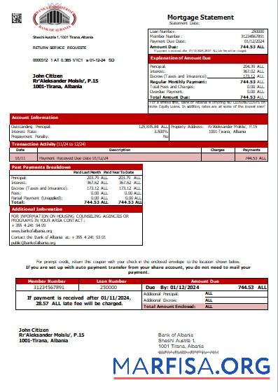 Albanien Bank of Albanien Hypothek Kontoauszug scr Probe