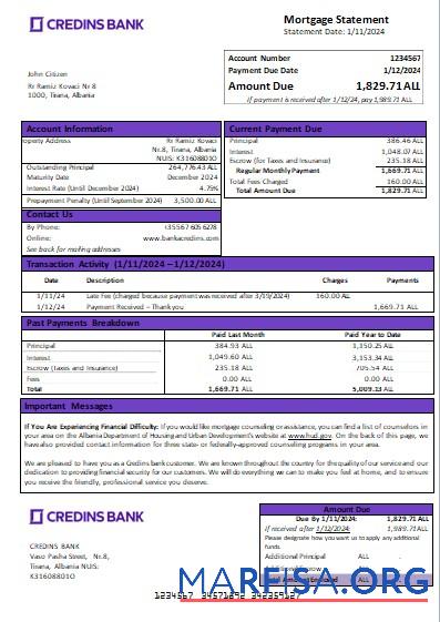 Albanien Credins Bank Hypothek Kontoauszug scr Design