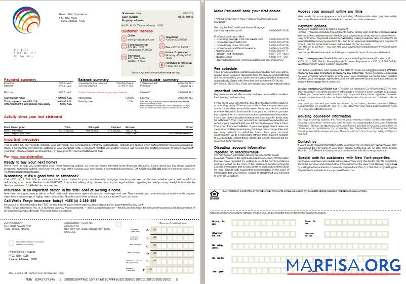 Albanien ProCredit Bank Hypothek Kontoauszug, 2 pages 1 2 scr Vorlage