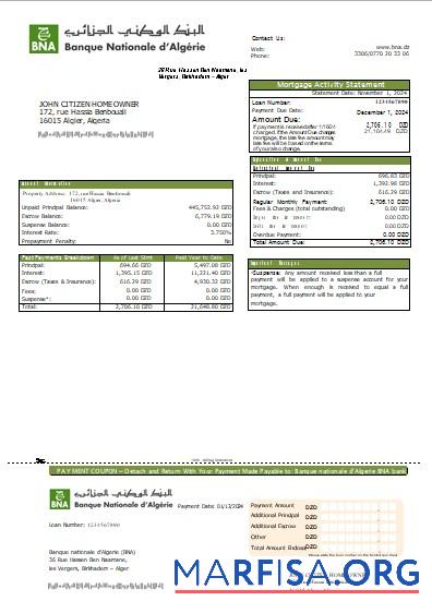 Algerien Banque nationale d'Algerie (BNA) Bank Hypothek Kontoauszug scr Mockup